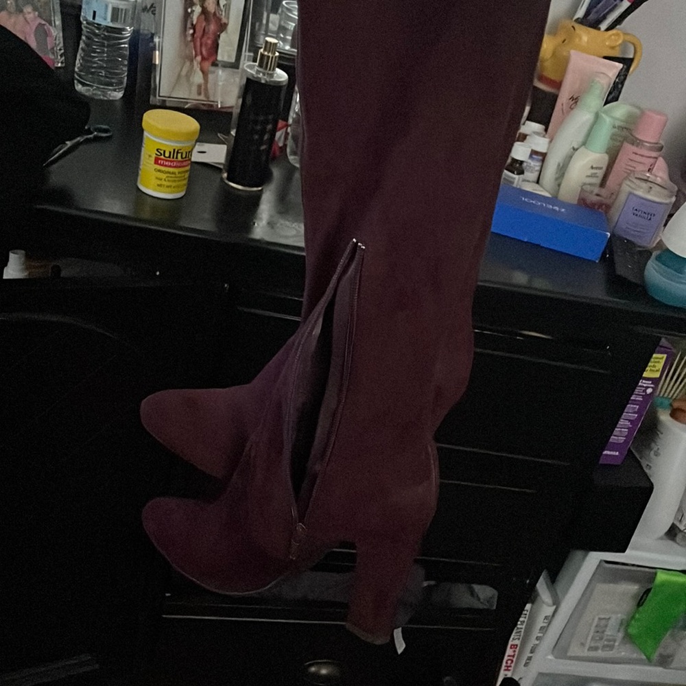 Burgundy thigh high suede boots